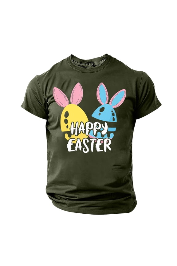 Mens Summer Short Sleeve T-Shirt, Crew Neck, Happy Easter Print, Comfortable and Durable Material, Fashionable Look, Suitable for Holiday Celebrations and Casual Wear