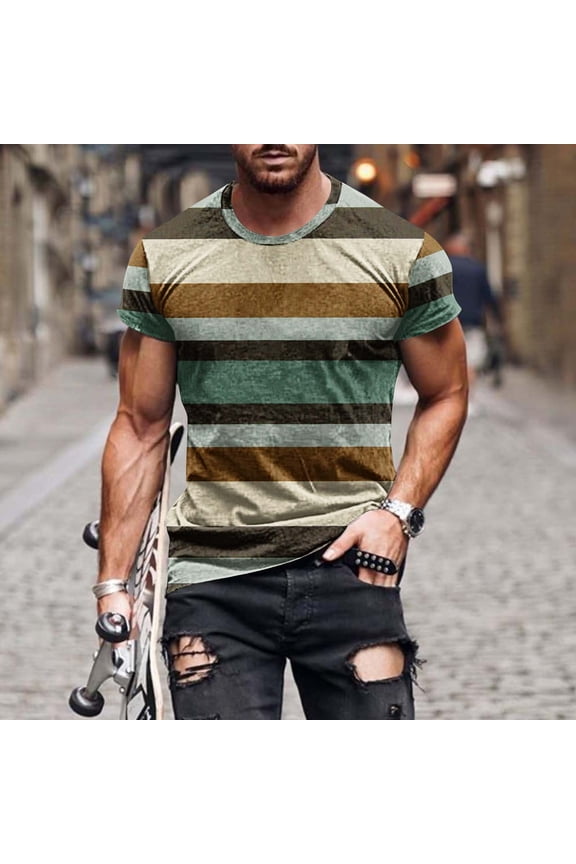 Mens Summer Short Sleeve T-Shirt, Crew Neck, Striped Pattern, Breathable Material, Fashionable Style, Suitable for Summer Outings