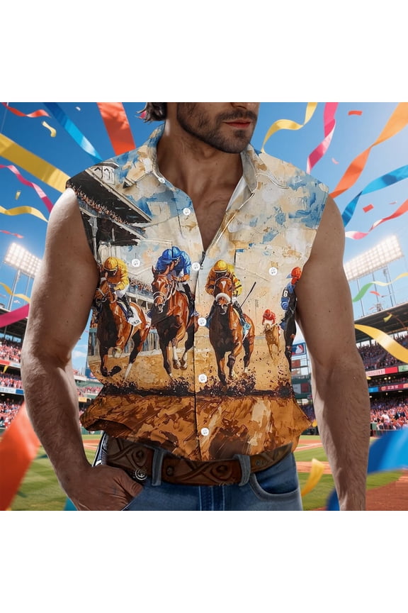 Mens Summer Vest, Sleeveless Button Collar, Western Cowboy Horse Art Print