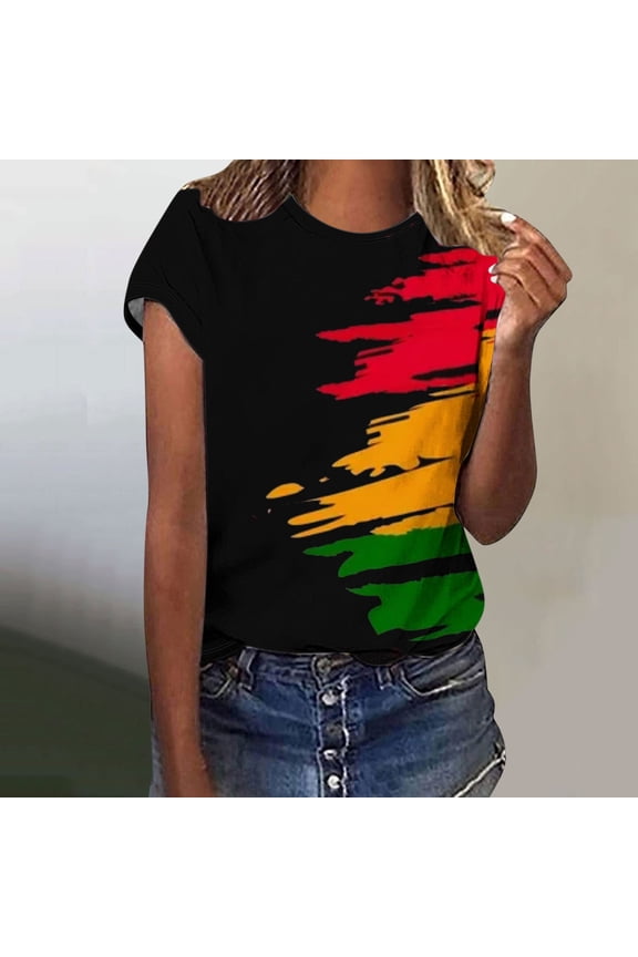 Multicolor Striped Short Sleeve Shirt Womens Round Neck Bold Contrast Casual Wear