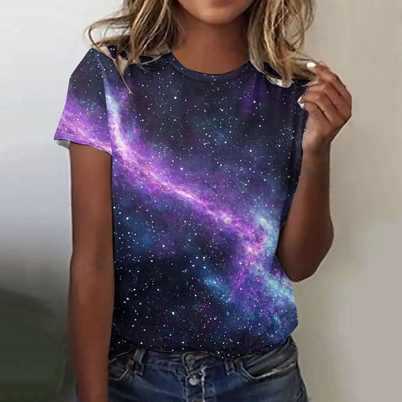 Njagoc3 Nebula Print Womens Tee Stretchy Comfort Fit Short Sleeve Space Fashion Plus Size Available