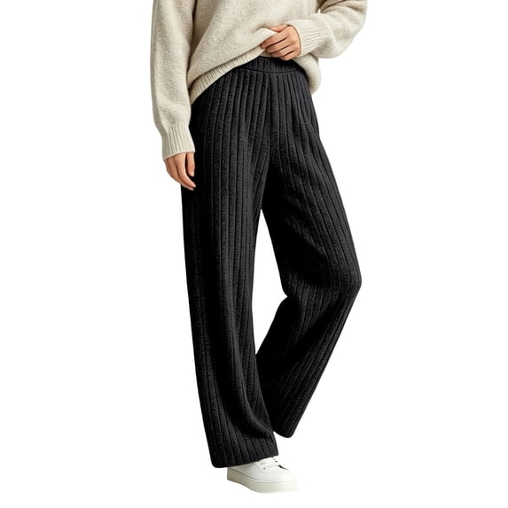 Njagoc3 Pants for Women | High Waist Drawstring Wide Leg Trousers with Ribbed Detail | Relaxed Loose Fit for Fall Casual Daily Wear & Relaxed Activities,Black,XL