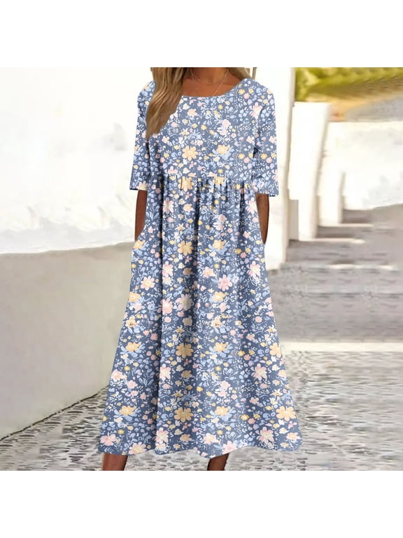 Petite Floral Maxi Dress with Side Slits, Crew Neck Short Sleeve & Pockets, Boho Chic Style for Small Frame Women 2025 Summer