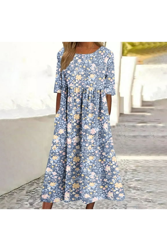 Petite Floral Maxi Dress with Side Slits, Crew Neck Short Sleeve & Pockets, Boho Chic Style for Small Frame Women 2025 Summer