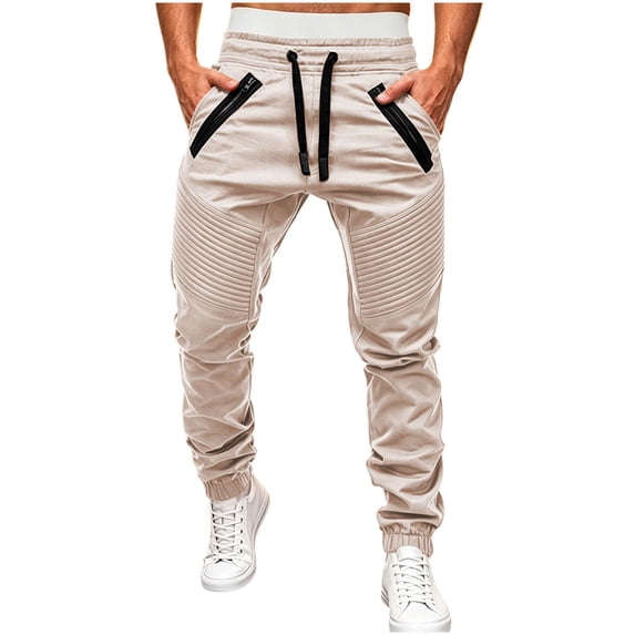 Njagoc3 Plus Size Pants for Men | Drawstring Cuffed Joggers with Zippered Side Pockets & Seam Detail | Relaxed Loose Fit for Fall Daily Wear & Outdoor Activities,Beige,XL