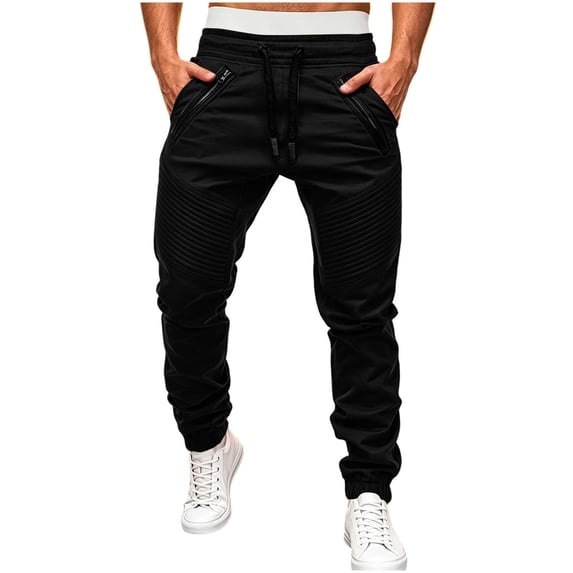 Njagoc3 Plus Size Pants for Men | Drawstring Cuffed Joggers with Zippered Side Pockets & Seam Detail | Relaxed Loose Fit for Fall Daily Wear & Outdoor Activities,Black,M