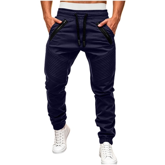 Njagoc3 Plus Size Pants for Men | Drawstring Cuffed Joggers with Zippered Side Pockets & Seam Detail | Relaxed Loose Fit for Fall Daily Wear & Outdoor Activities,Navy,L