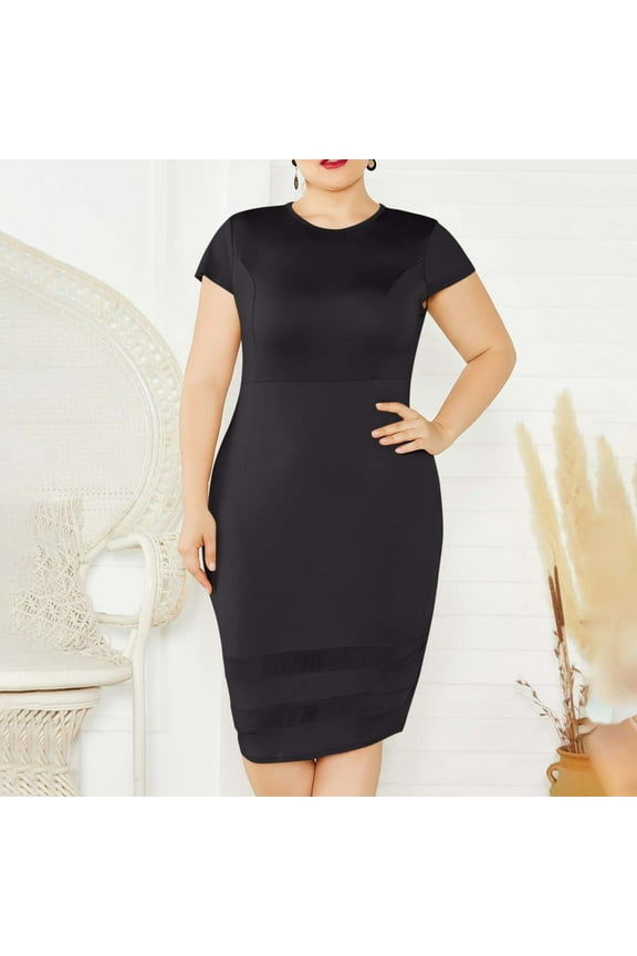 Plus Size Women's Summer Solid Color Bodycon Mesh Panel Short Sleeve Round Neck Midi Work Office Dress