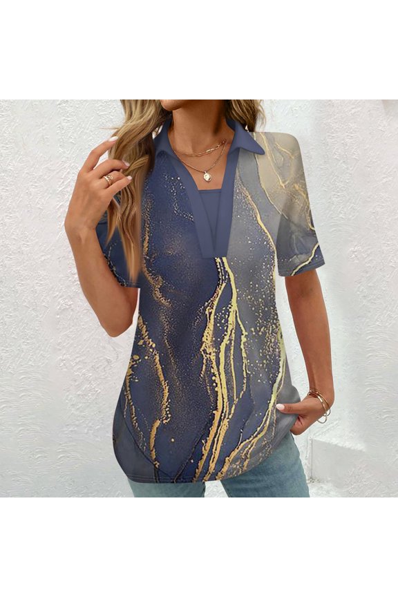 Relaxed Fit Abstract Painting Design Plus Size Blouse - Short Sleeve Button-Up, Everyday Casual Wear