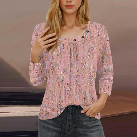 Njagoc3 Short Sleeved Pleated Top with Checkered Printed Button for Womens