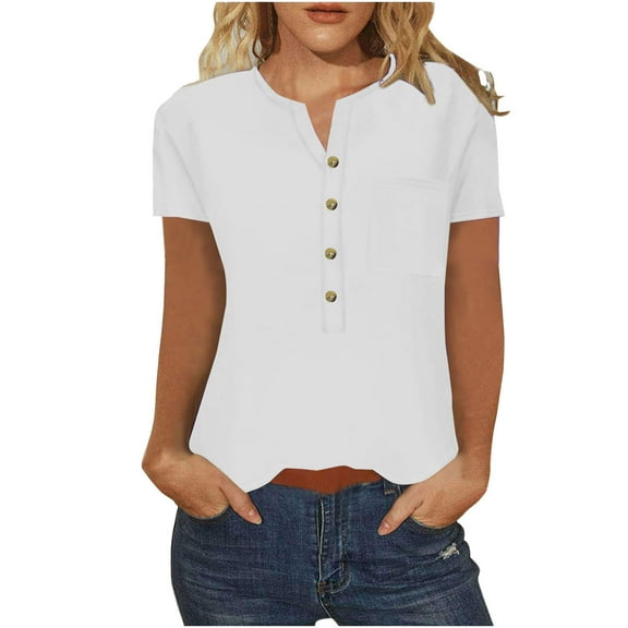 Njagoc3 Soft Cotton V-Neck Relaxed Fit Tee for Women – Solid Color Casual Top, Trendy Button Design