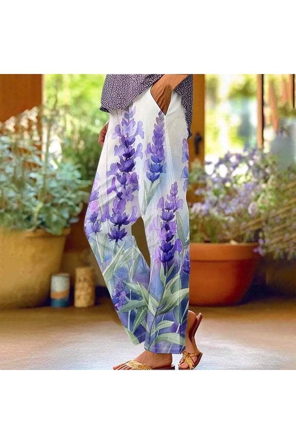 Spring/Fall Essential: Womens Printed Elastic Waist Pants - Straight Leg Design 9/10 & Full Length Soft Fabric All-Day Comfort
