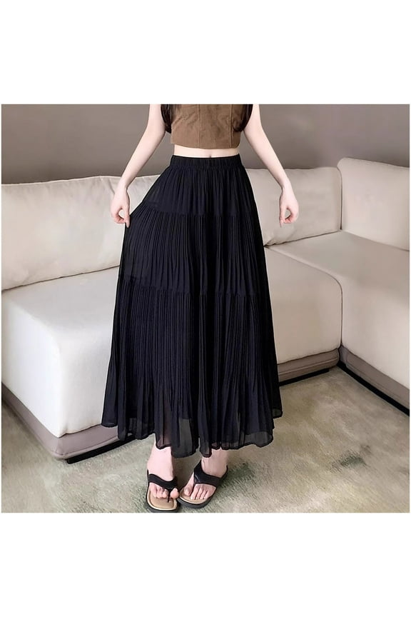 Stylish Black Pleated Midi Skirt for Women, High-Waisted, Flowy Hem, Ideal for Hot Summer Days