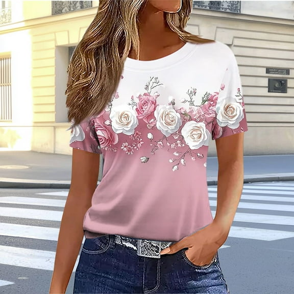 Njagoc3 TikTok Viral Rose T-Shirt Womens 3D Embossed Floral Print Ribbed Crewneck Y2K Trend