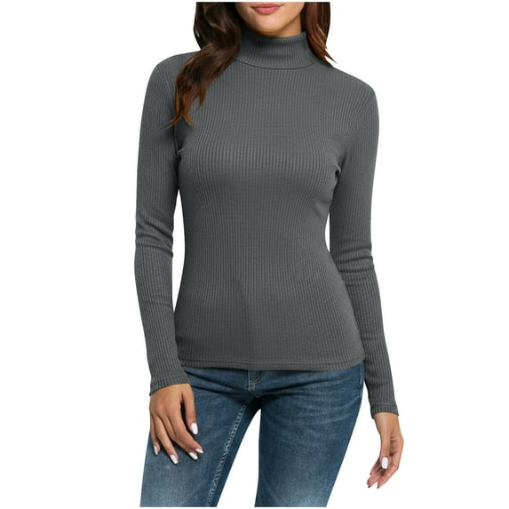 Njagoc3 Turtleneck Long Sleeve Slim-Fit Knit Top for Women,Dark Gray,L