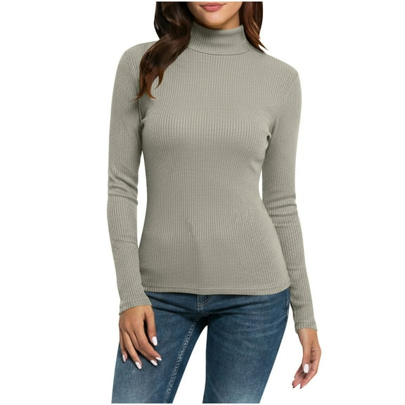 Njagoc3 Turtleneck Long Sleeve Slim-Fit Knit Top for Women,Gray,M