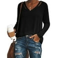 thumbnail image 1 of Njagoc3 V-Neck Relaxed-Fit Detail-Accent Long Sleeve Shirt Top for Women,Black,XXL, 1 of 5