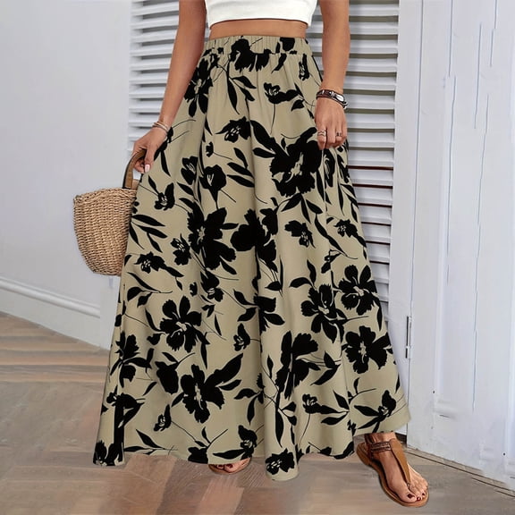 Njagoc3 Vacation Mode ON: Womens Elastic Waist Floral Midi Skirt | Pull-On Design | Wrinkle-Free Linen Blend | Beach-to-Brunch Versatile Summer Dress