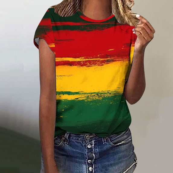 Njagoc3 Vibrant Color Block Stripe Shirt Womens Round Neck Trendy Short Sleeve Casual Blouse