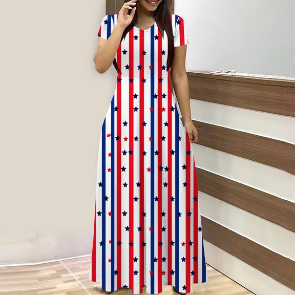 Njagoc3 Vibrant Red White Blue Stripe Maxi Dress Women's Short Sleeve Round Neck with Pockets Holiday Outfit 2025 Summer