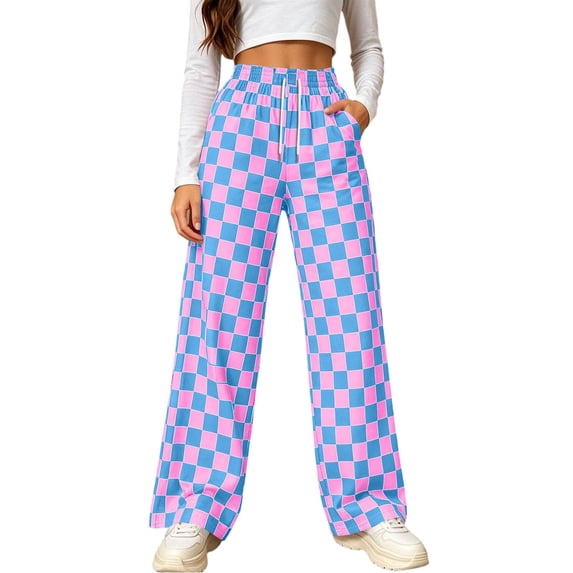 Njagoc3 Wide Leg Pants for Women | Drawstring Waist Checkered Trousers with Side Pockets | Relaxed Loose Fit for Fall Casual Daily Wear & Vacation Outings,Sky Blue,M