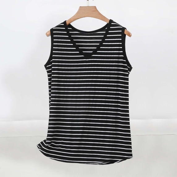 Njagoc3 Women Black White Striped Tank Top Casual Sleeveless Curved Hem Top