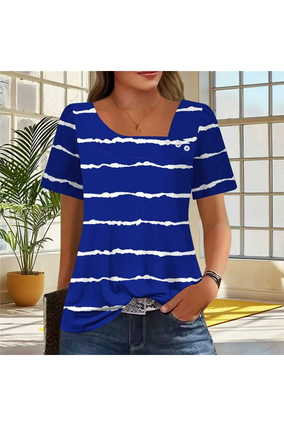 Women’s Abstract Art Stripes Designer Square Neck Short Sleeve Trendy Casual T-Shirt – Fashion Forward Essential