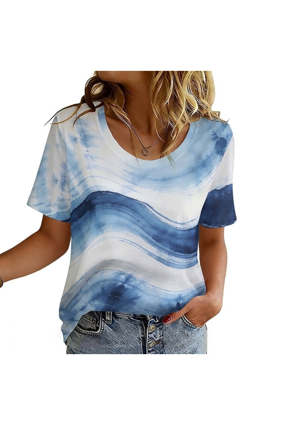 Women's Blue-White Wave Tie-Dye Short Sleeve Top - Unique Pattern Daily Casual Staple