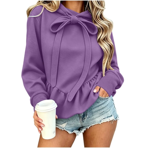 Njagoc3 Women's Bow Tie Front Sweatshirt Long Sleeve Pullover Top Ruched Waist Casual Hoodie with Pockets Trendy Fall Winter Outwear