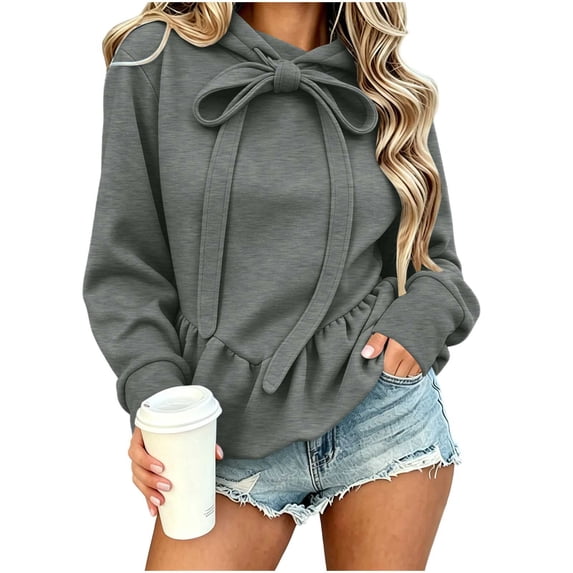 Njagoc3 Women's Bow Tie Front Sweatshirt Long Sleeve Pullover Top Ruched Waist Casual Hoodie with Pockets Trendy Fall Winter Outwear