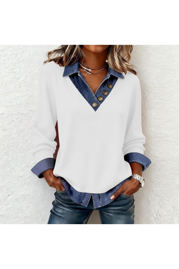 Women's Button Down Shirts Long Sleeve Blouses, Casual Loose Fit Layered Denim Panel Tops for Women