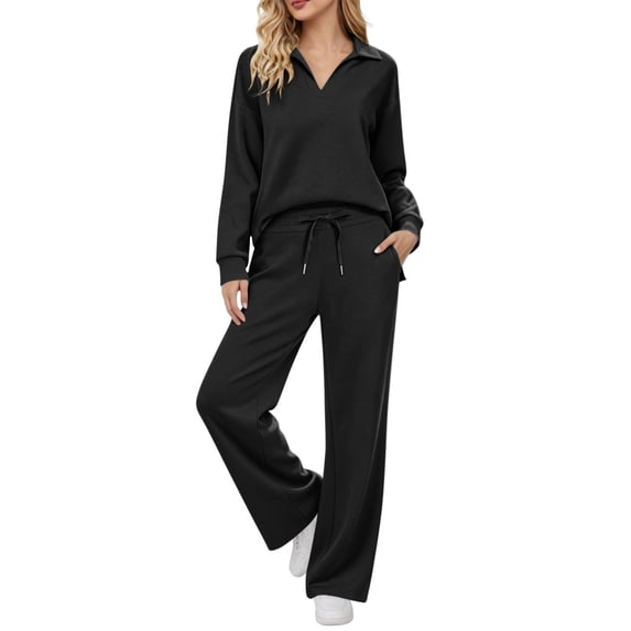 Njagoc3 Women's Collared V Neck Lounge Set Long Sleeve Top and Drawstring Pants with Pockets Casual 2 Piece Sleepwear