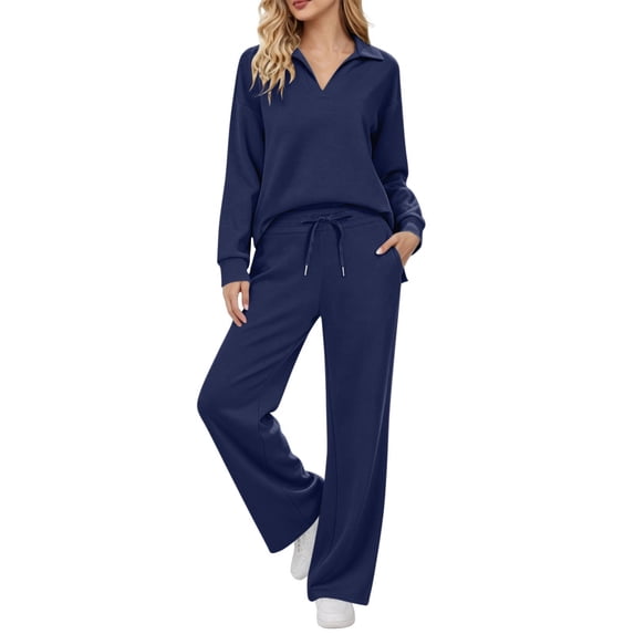 Njagoc3 Women's Collared V Neck Lounge Set Long Sleeve Top and Drawstring Pants with Pockets Casual 2 Piece Sleepwear