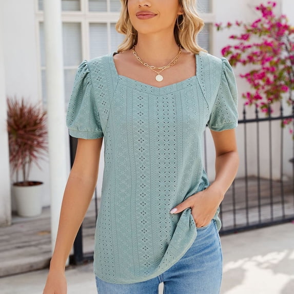 Njagoc3 Women's Crew Neck Puff Sleeve Short Sleeve Top,Green,S