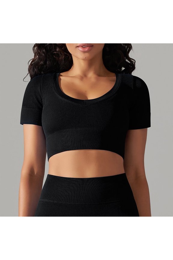 Women's Crew Neck Short Sleeve Ribbed Cropped Top,Black,M