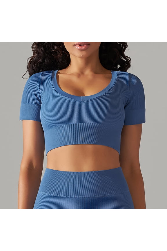 Women's Crew Neck Short Sleeve Ribbed Cropped Top,Blue,M