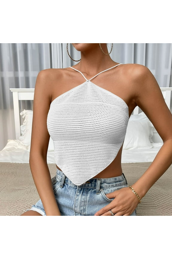 Women's Cross Thin-Strap V-Neck Slim Fit Cropped Top,White,L