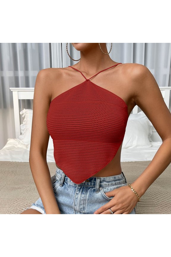 Women's Cross Thin-Strap V-Neck Slim Fit Cropped Top,Wine,S