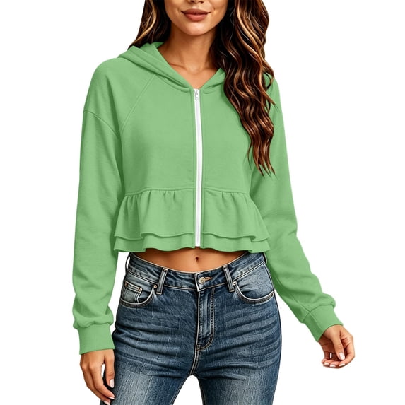 Njagoc3 Women's Cute Cropped Ruffle Hoodie Zip up Long Sleeve Sweatshirt Pullover Jacket Lightweight Hooded Cardigan