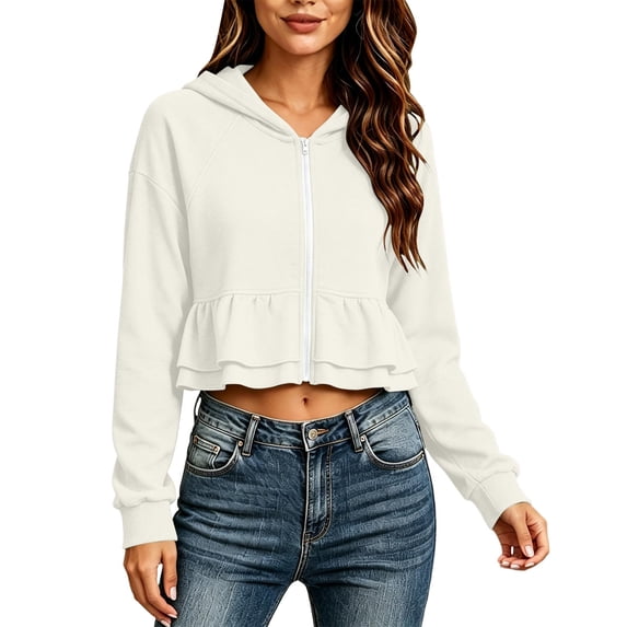 Njagoc3 Women's Cute Cropped Ruffle Hoodie Zip up Long Sleeve Sweatshirt Pullover Jacket Lightweight Hooded Cardigan