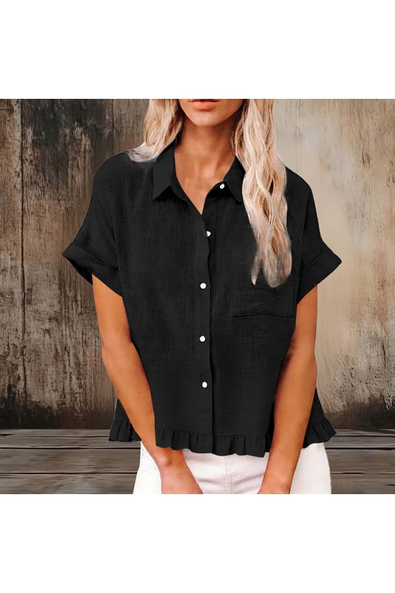 Women's Denim Button Down Collared Short Sleeve Shirts, Casual Loose Fit Blouses Tops for Women