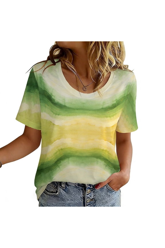 Women's Green-Yellow Gradient Tie-Dye Short Sleeve Top - Comfortable Everyday Casual Wear