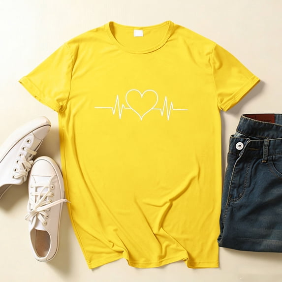 Njagoc3 Women's Heartbeat Line Heart Print Short Sleeve Top - Romantic Valentine's Day Casual Wear