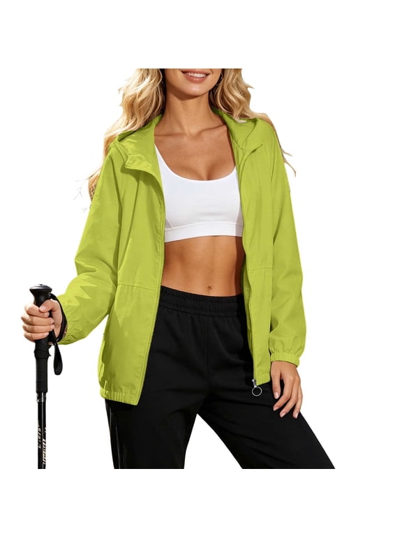 Women's Jackets Lightweight Zip up Hooded Windbreaker Jacket Long Sleeve Athletic Running Coat with Elastic Hem Casual Outerwear