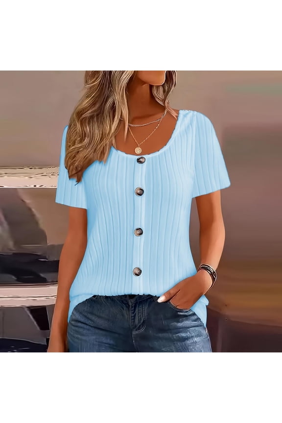 Women's Light Blue V-Neck Button-Front Short Sleeve Top,Blue,S