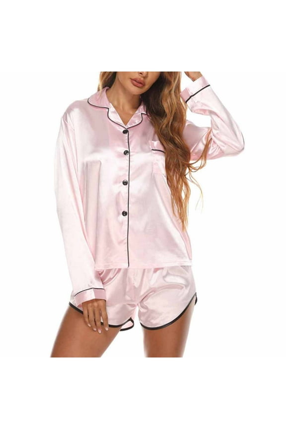 Women's Long Sleeve Button-Front Pajama Set - Solid Color, Casual Style, Fall & Sleep Wear