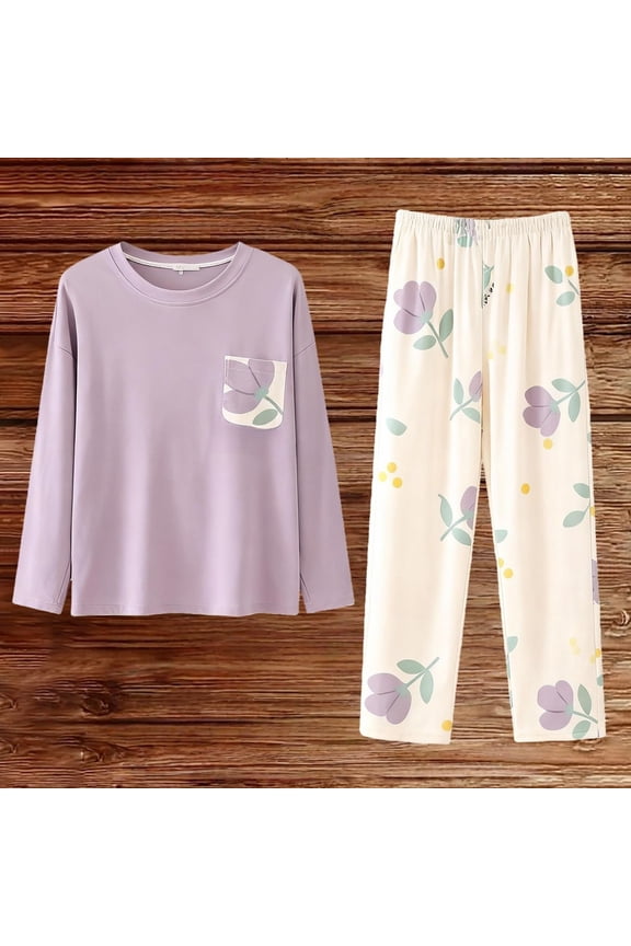 Women's Long Sleeve & Pant Lounge Set - Light Purple & Rabbit Print Cute Comfortable Home & Sleep Wear