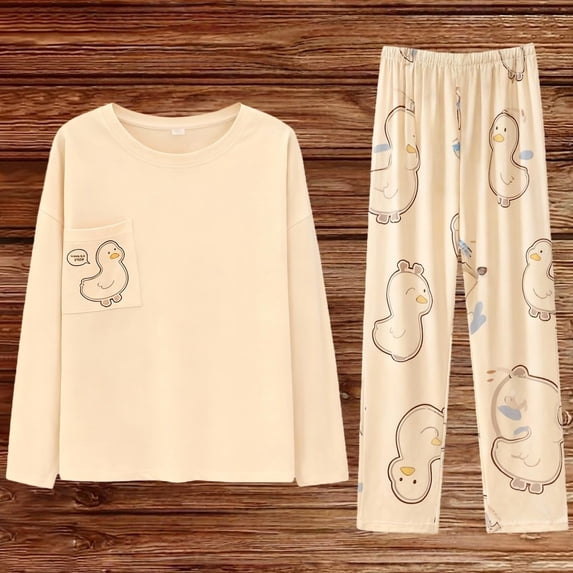 Njagoc3 Women's Long Sleeve & Pant Pajama Set - Cream & Letter Print Minimalist Comfortable Home & Sleep Wear