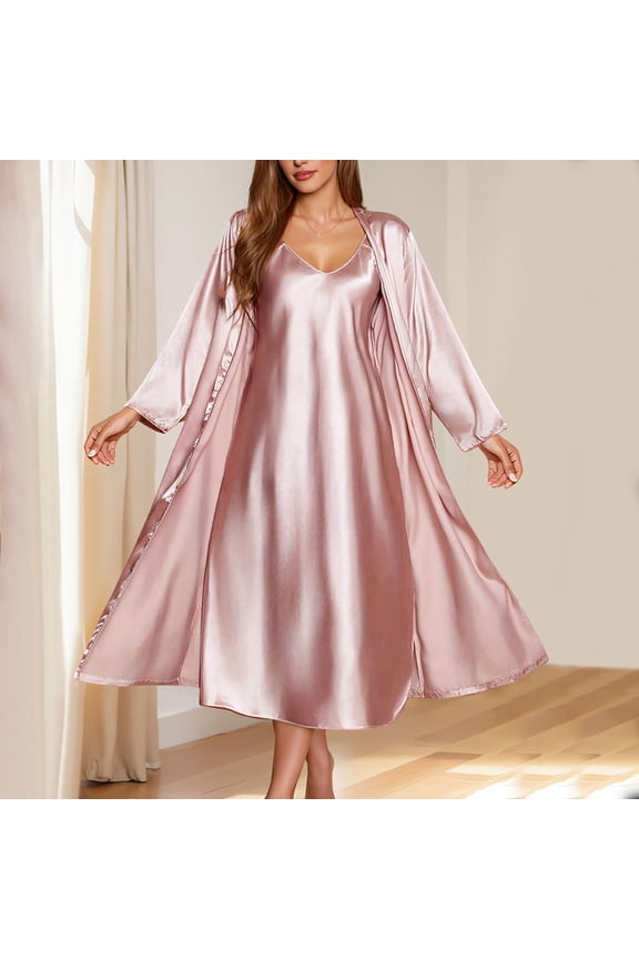 Women's Long Sleeve Satin Maxi Nightgown - Solid Color, Silky Fabric, Elegant Sleep & Lounge Wear