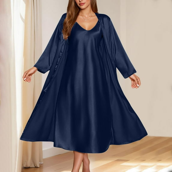 Njagoc3 Women's Long Sleeve Satin Maxi Nightgown - Solid Color, Silky Fabric, Elegant Sleep & Lounge Wear